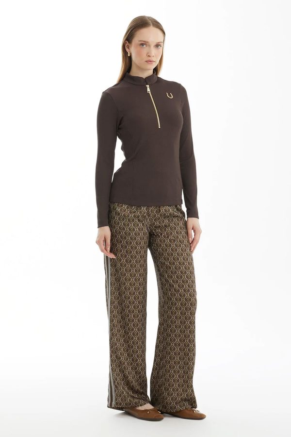 Brown Zipper Blouse with Decorative Detail