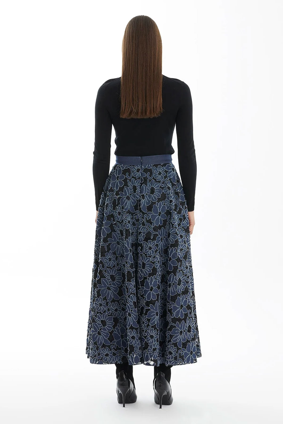 Dark Navy Patterned Flared Skirt - Image 2