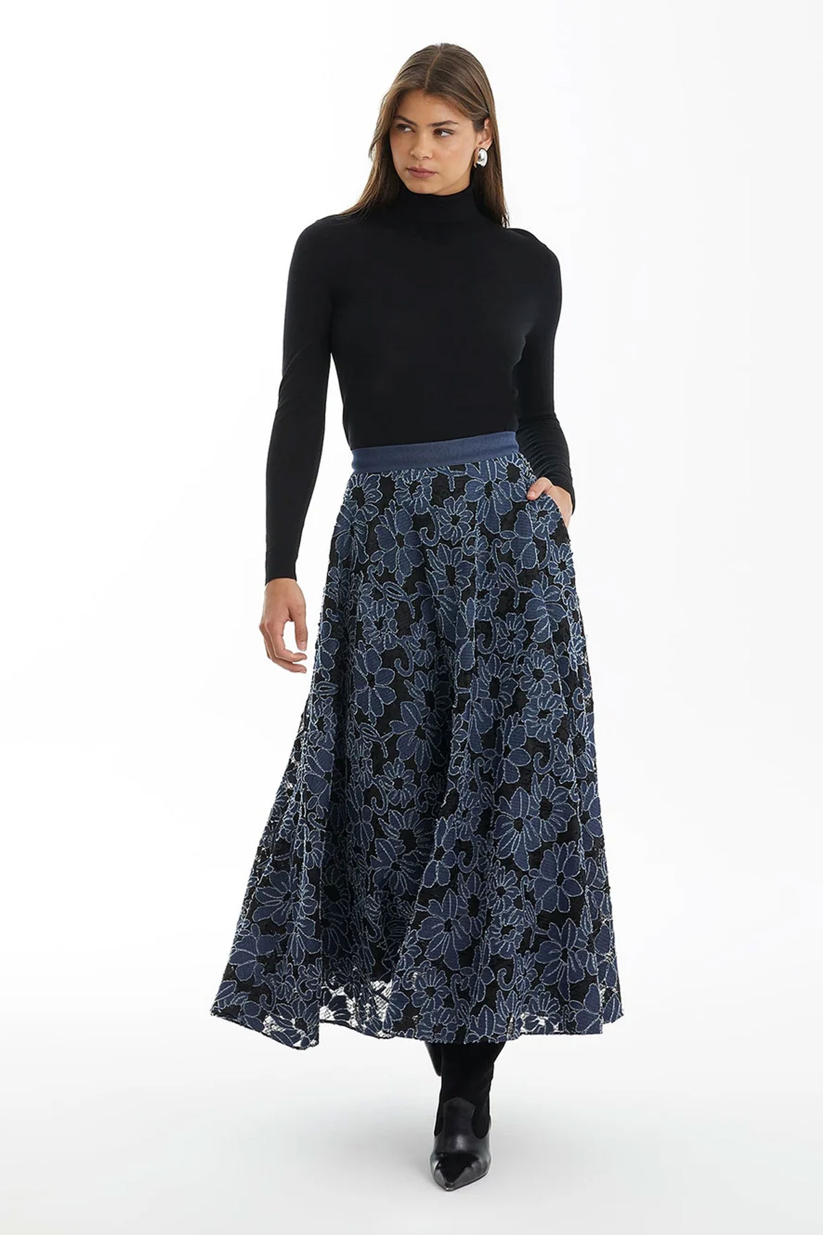Dark Navy Patterned Flared Skirt - Image 3