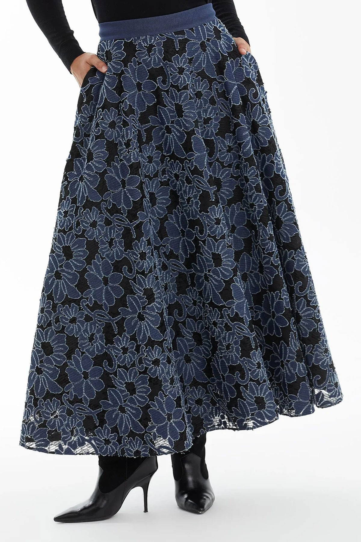 Dark Navy Patterned Flared Skirt - Image 4