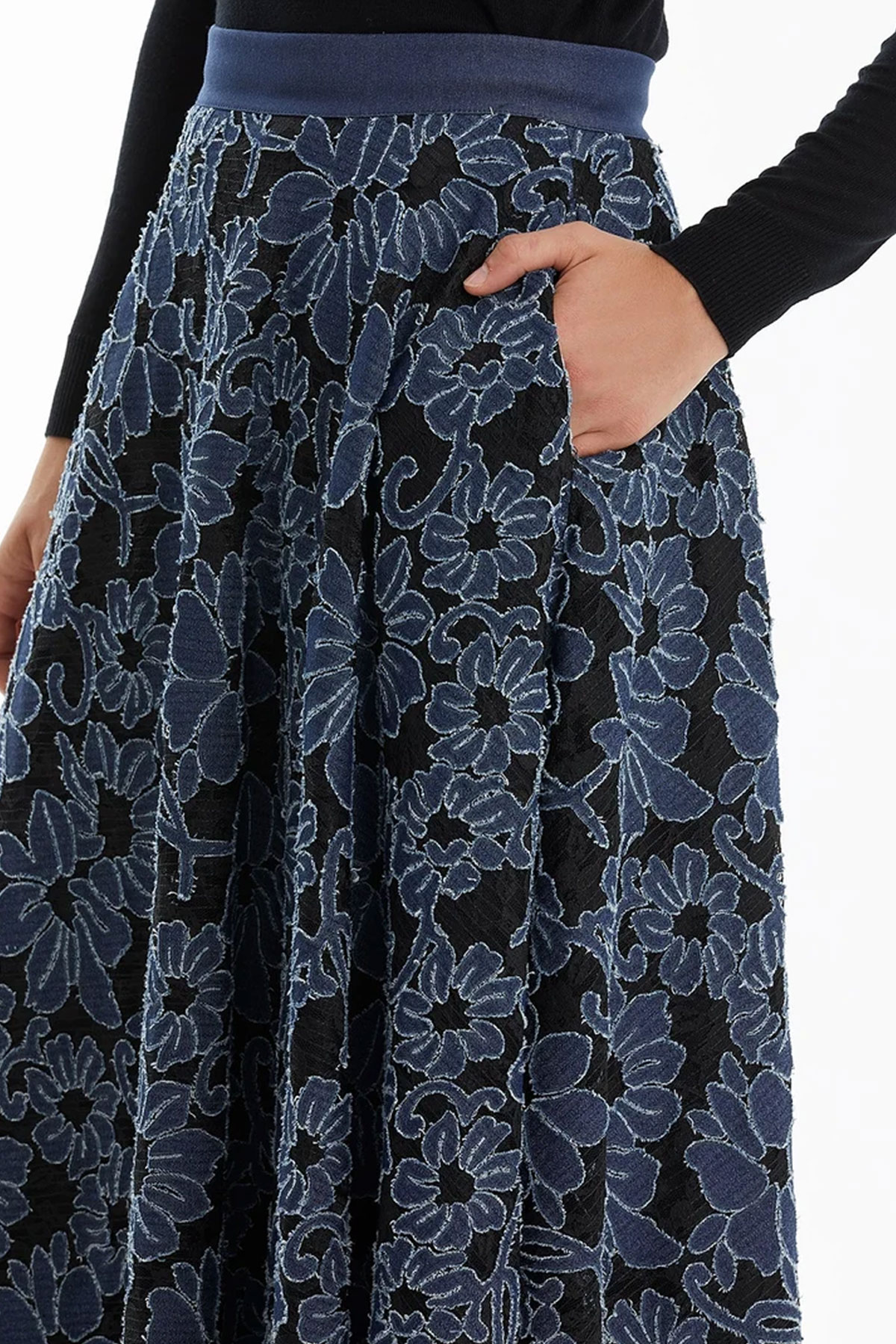 Dark Navy Patterned Flared Skirt - Image 5