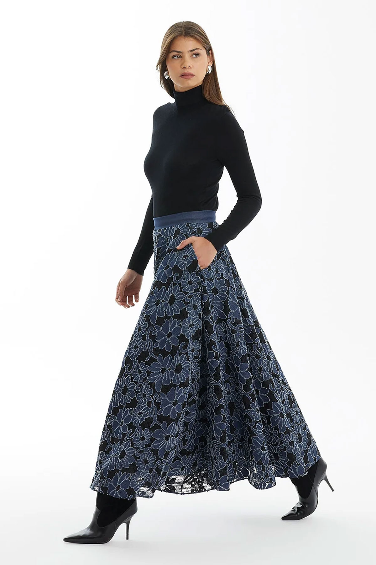 Dark Navy Patterned Flared Skirt