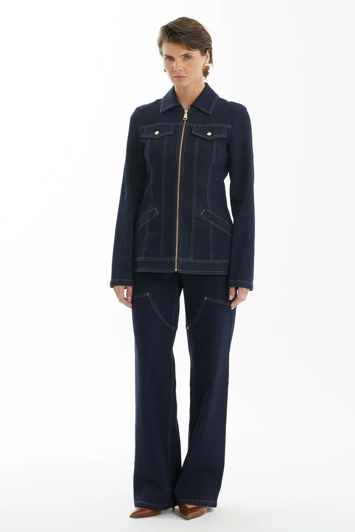Dark Navy Zip Denim Jacket - Image 2