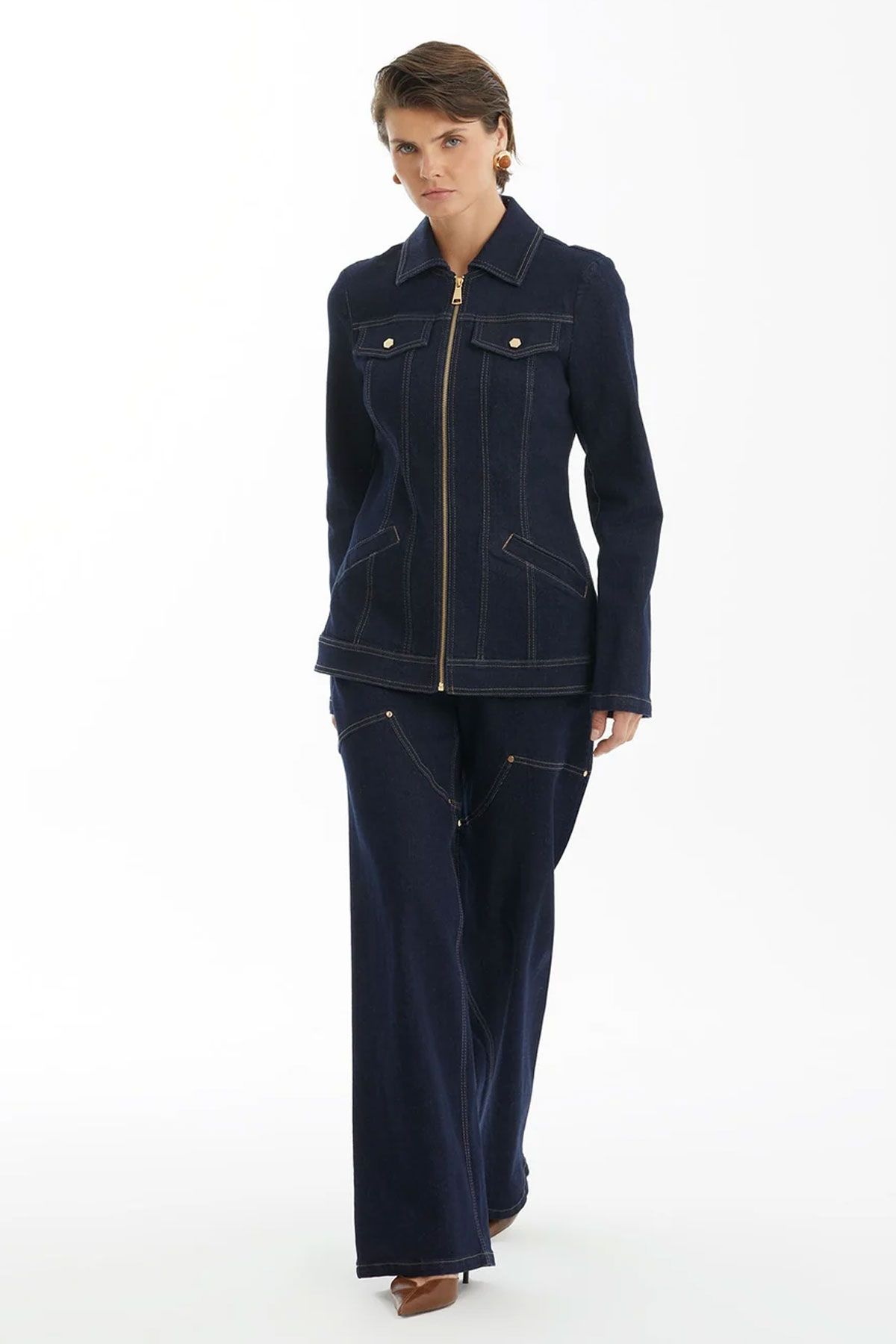 Dark Navy Zip Denim Jacket - Image 3