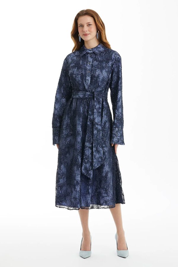 Double-Layer Patterned Navy Dress with Self-Tie Belt