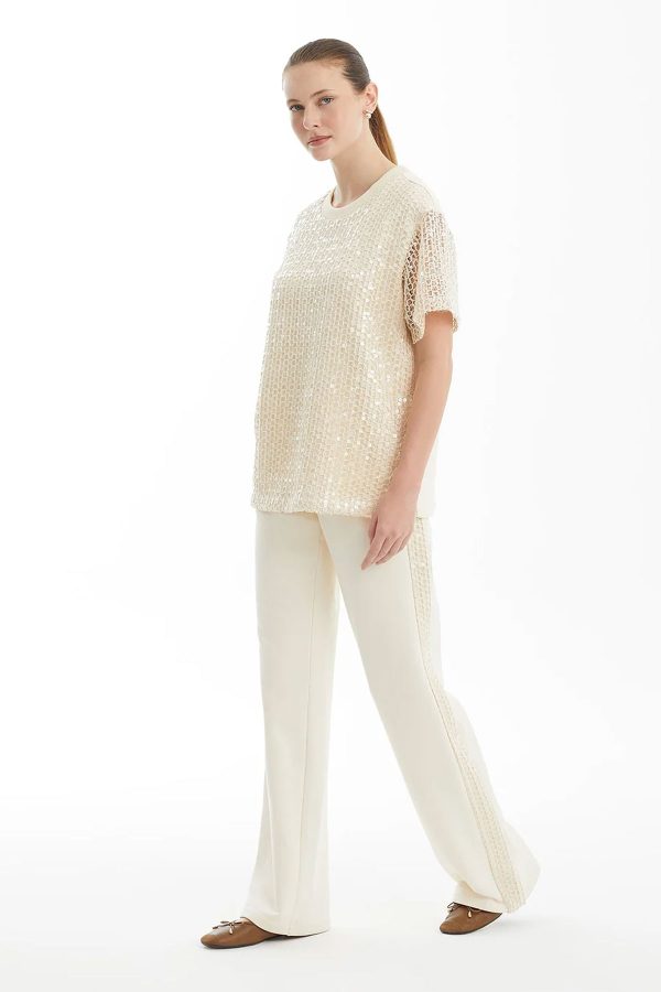 Ecru Knit T-Shirt with Sequin Embellishments