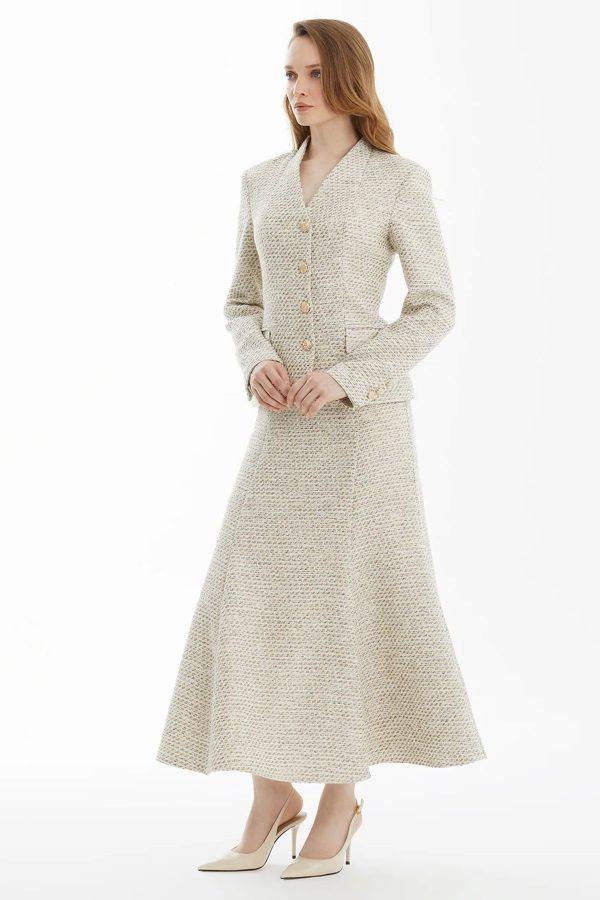 Ecru Tweed Skirt Set with Textured Fabric