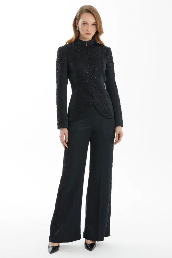 Elegance Black Lace Accent Jacket & Pant Set