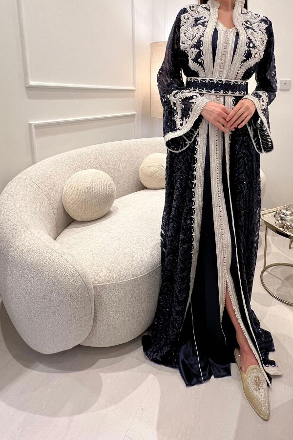 Navy Blue Velvet & Lace Embroidered Caftan