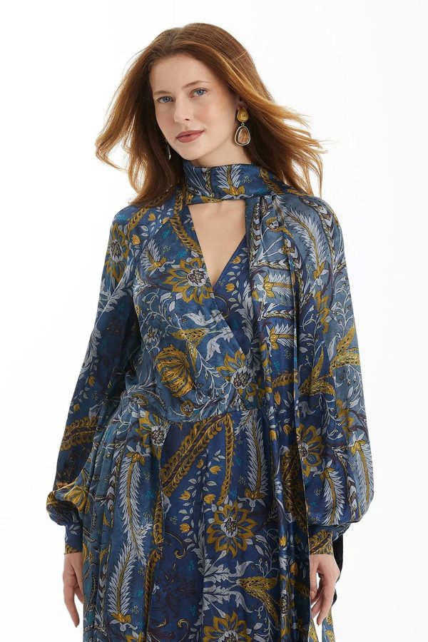 Printed Dress with Attached Scarf Collar
