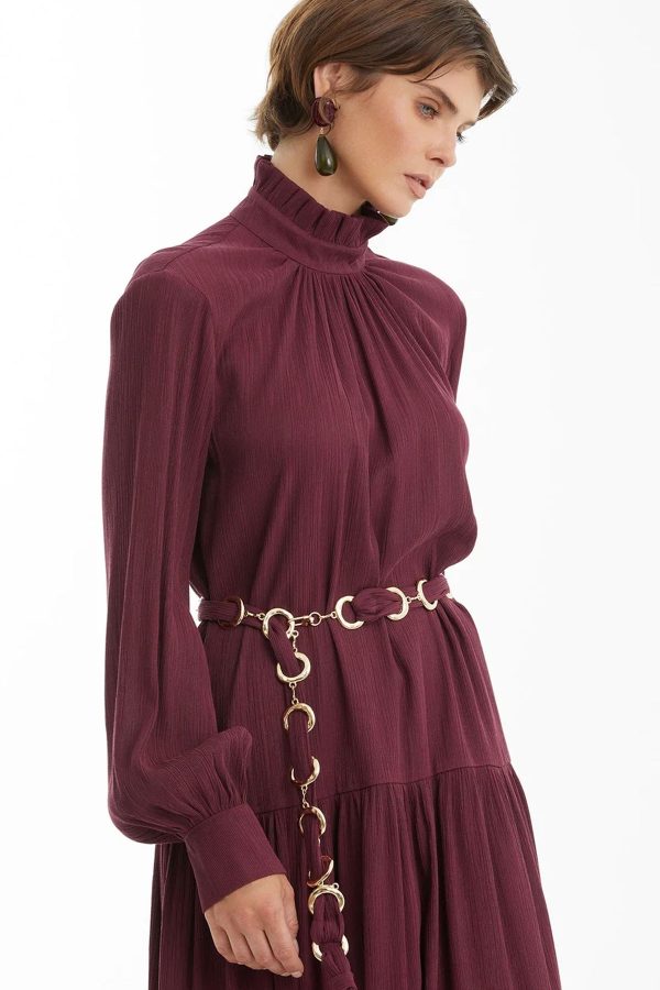 Red High-Neck Long Dress featuring Ruched Waist & Bodice